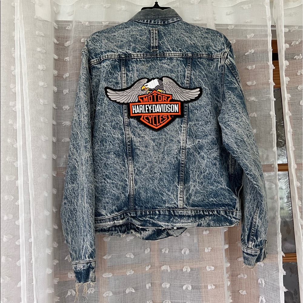Red camel/ Harley Davidson acid wash distressed denim jacket/corduroy collar